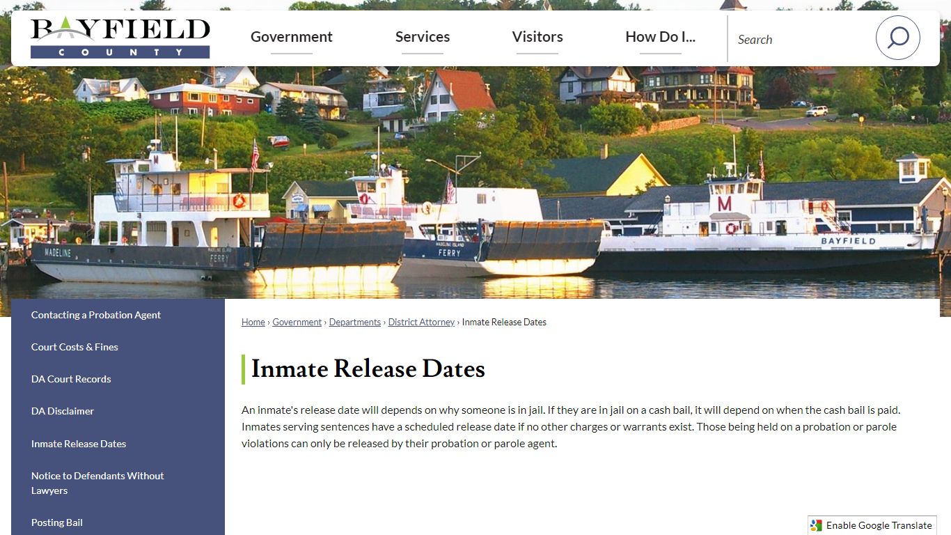 Inmate Release Dates | Bayfield County, WI - Official Website